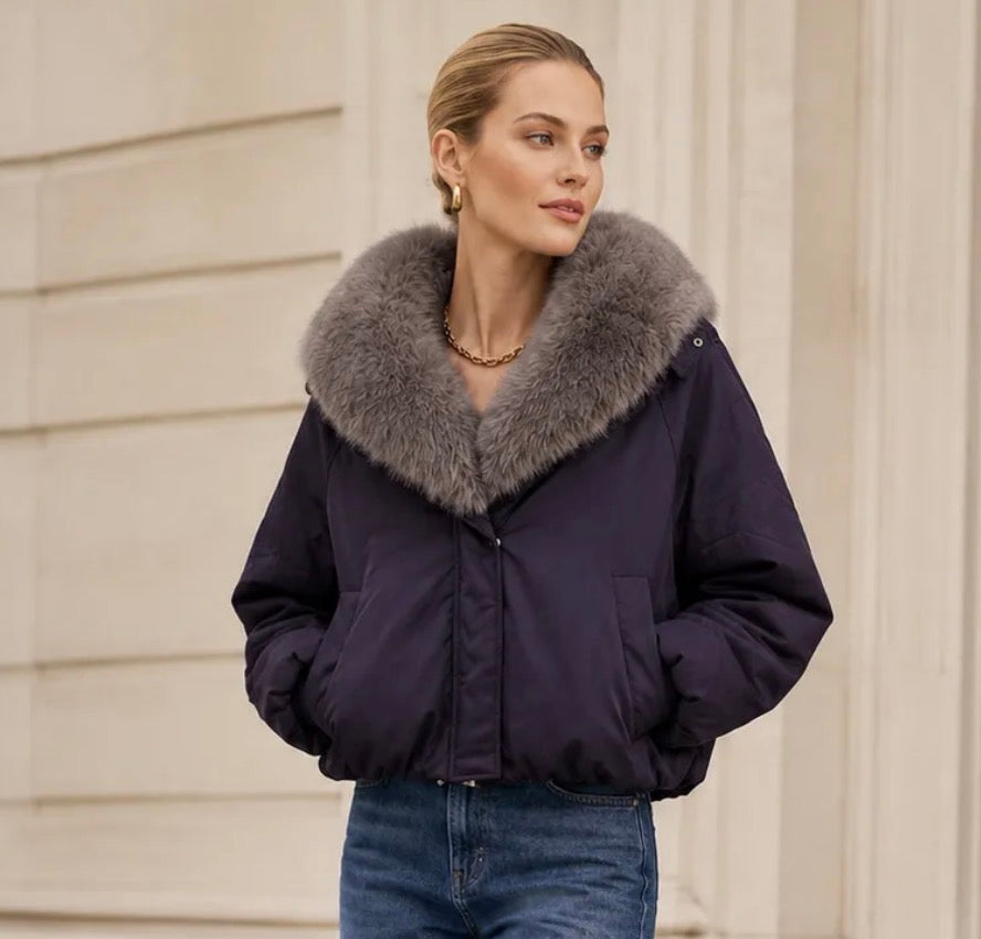 Elle Bomber Jacket with Faux Fur Collar Aubergine