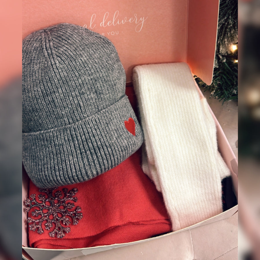 Christmas Hat Scarf Box Red/Grey