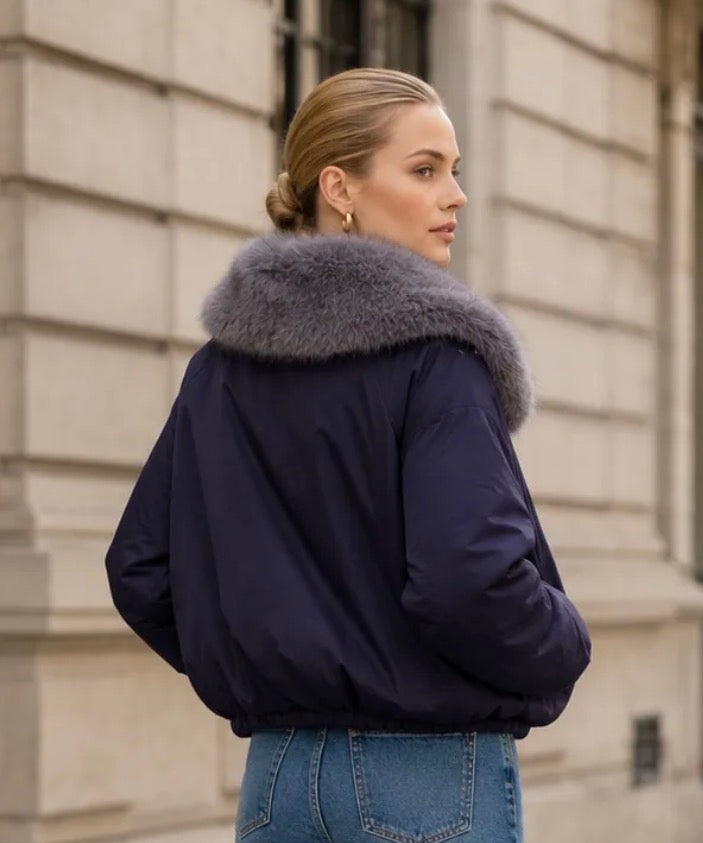 Elle Bomber Jacket with Faux Fur Collar Aubergine