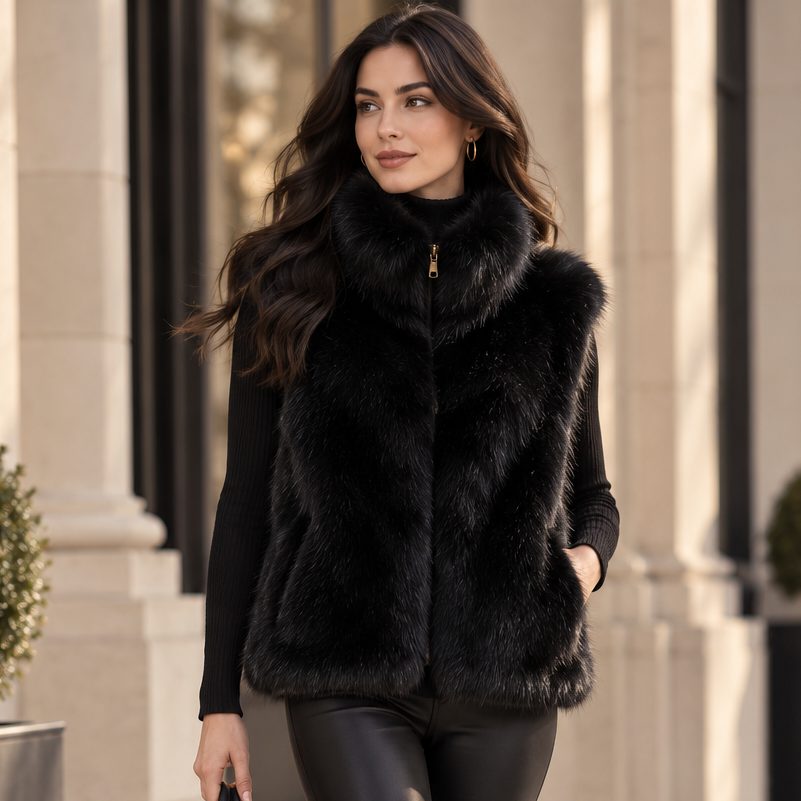 Connie Faux Fur Gilet With Collar Black