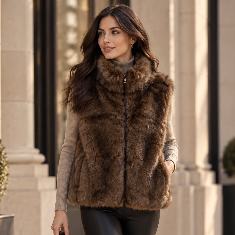 Connie Faux Fur Gilet With Collar Brown