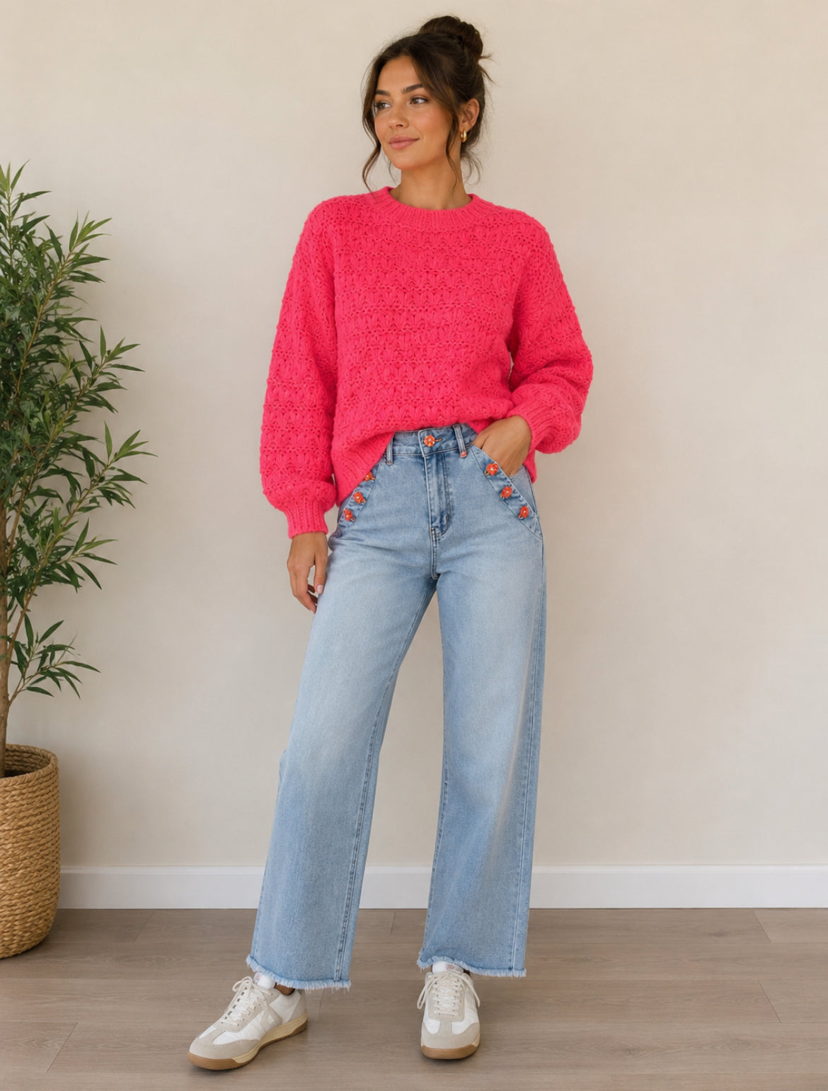 Neon Coral Cable Knit Sweater