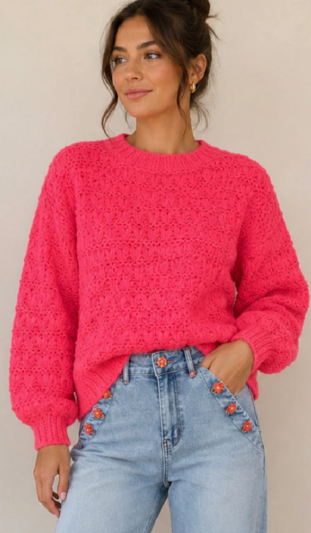 Neon Coral Cable Knit Sweater