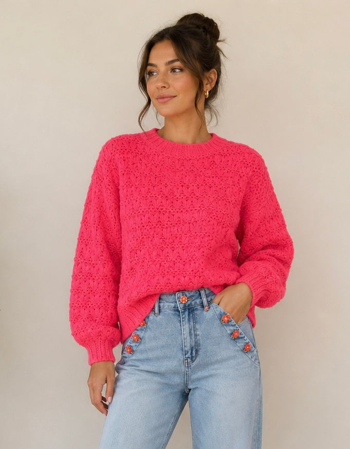 Neon Coral Cable Knit Sweater