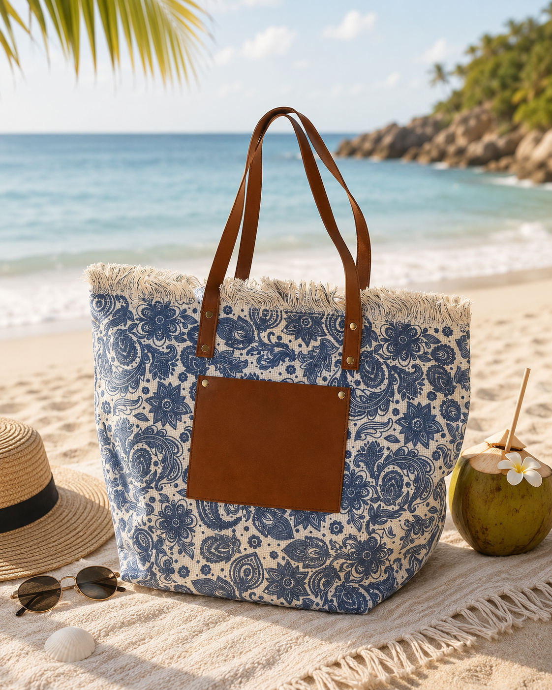 Blue  Woven Tote Bag