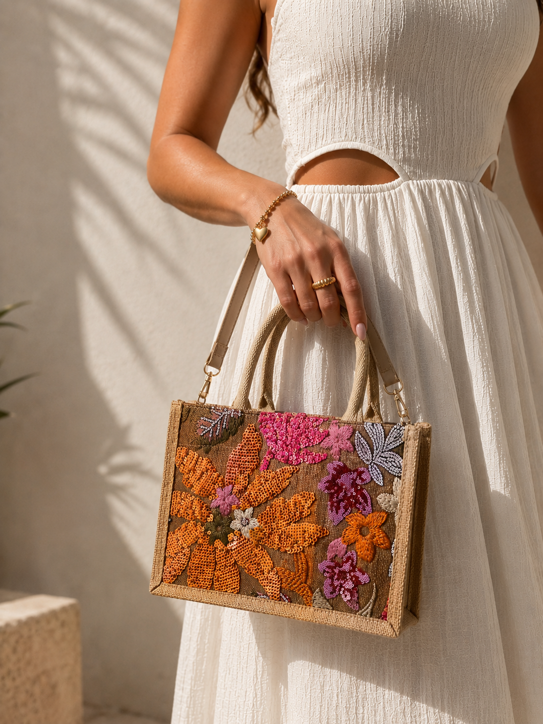 Sunset Bloom Embellished Tote Bag