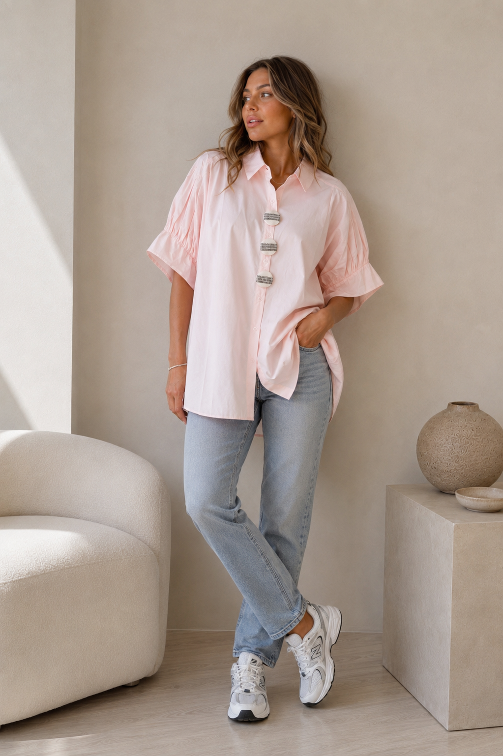 Blush Ruffle Sleeve Oversized Shirt