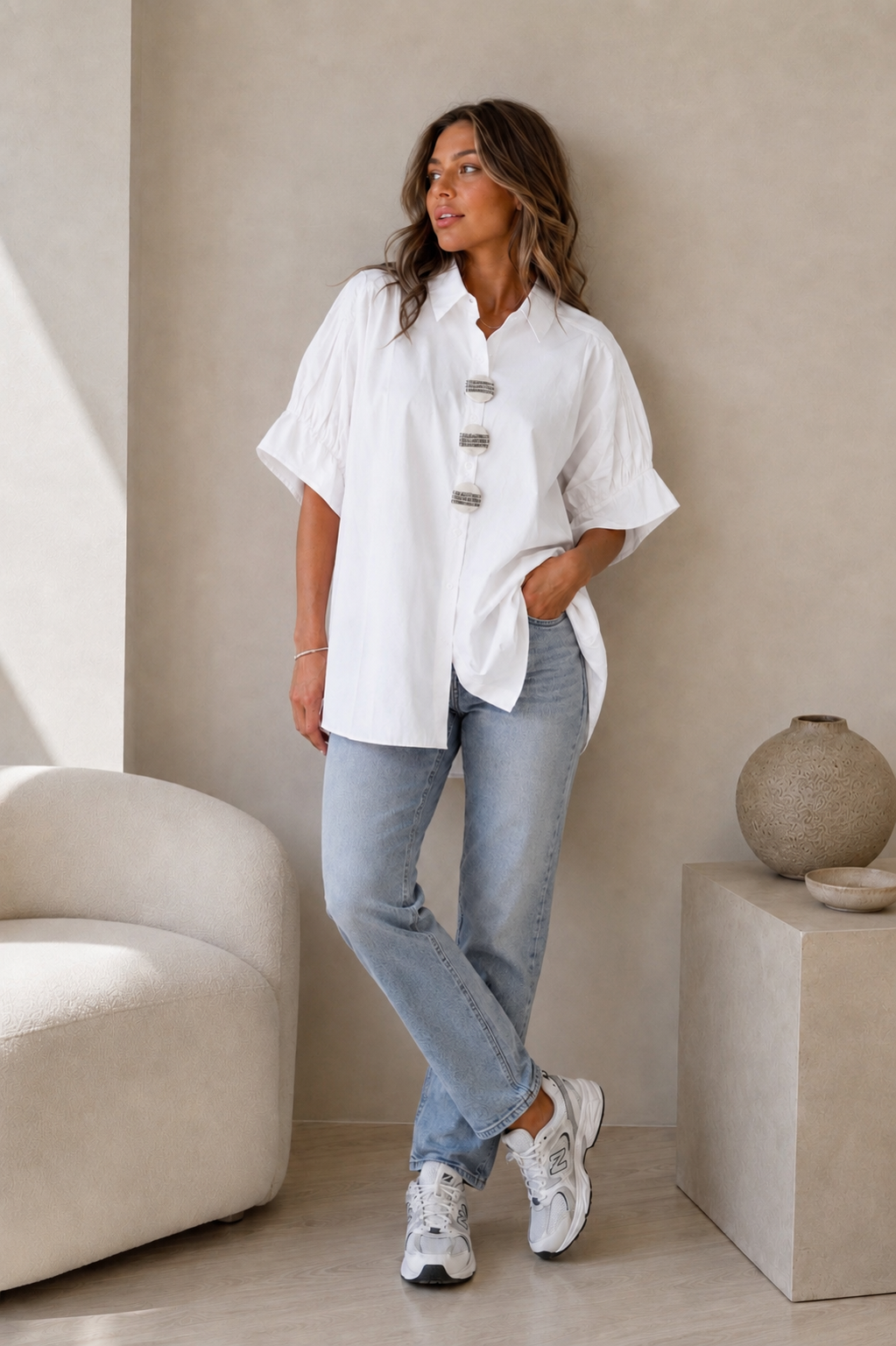 White Ruffle Sleeve Oversized Shirt