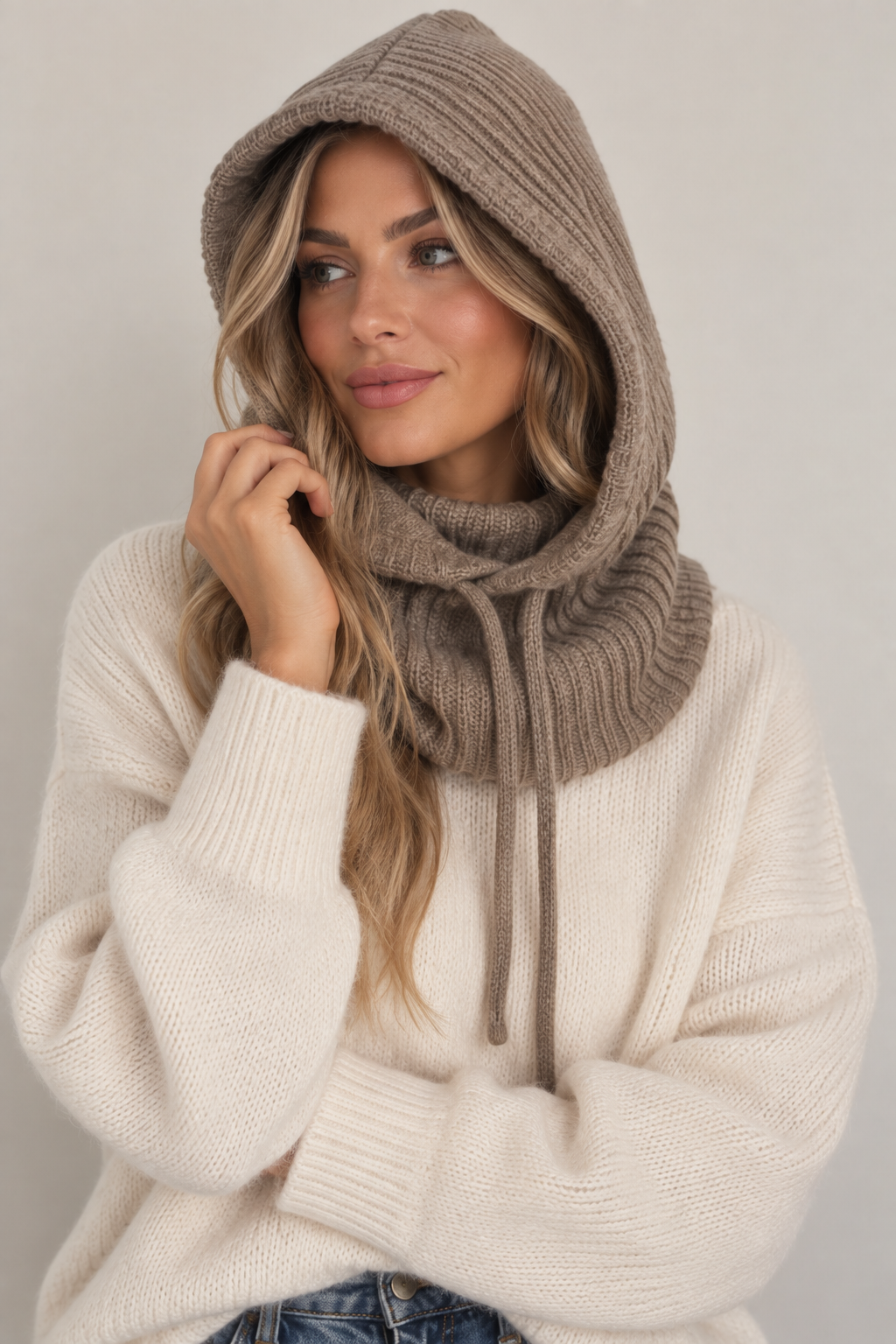 Knit Hooded Snood Taupe