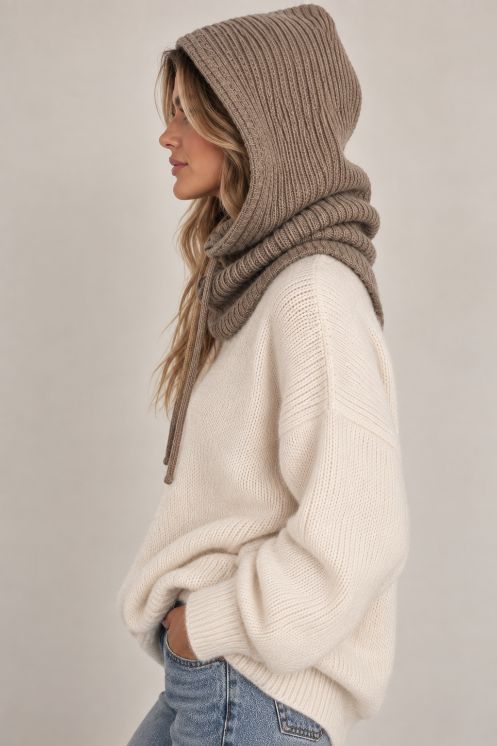 Knit Hooded Snood Taupe