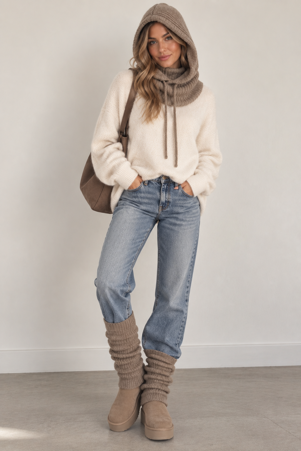 Knit Hooded Snood Taupe