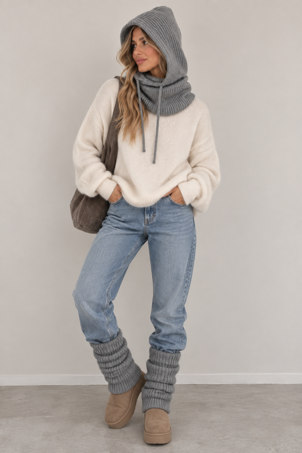 Knit Hooded Snood Grey