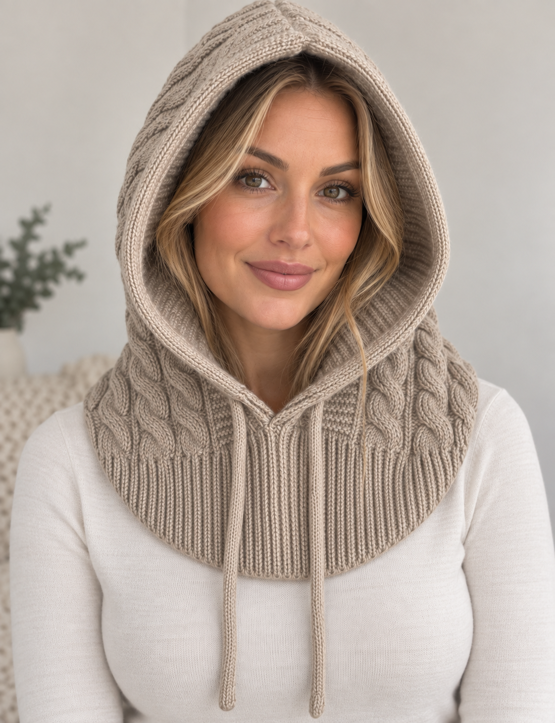Cable Knit Hooded Snood Taupe