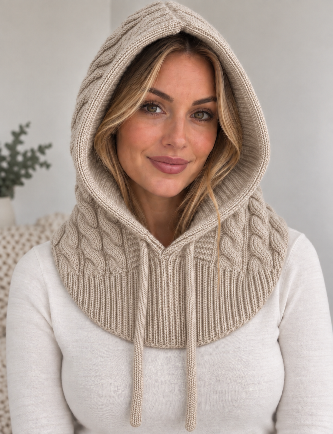 Cable Knit Hooded Snood Oatmeal