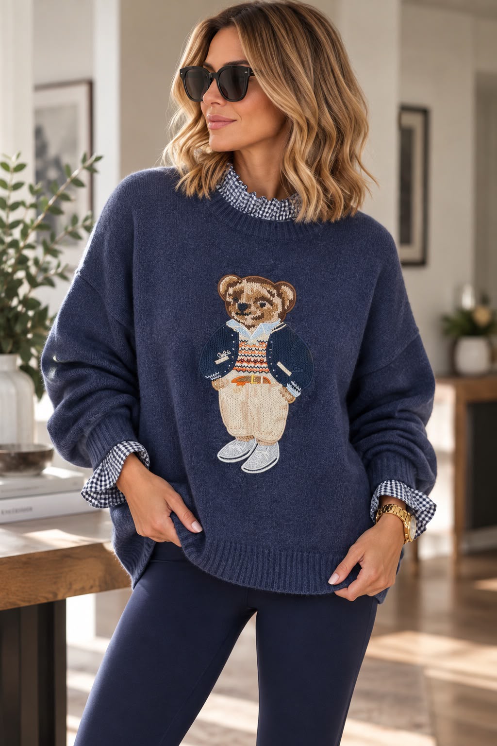 Navy Gingham Bear Jumper