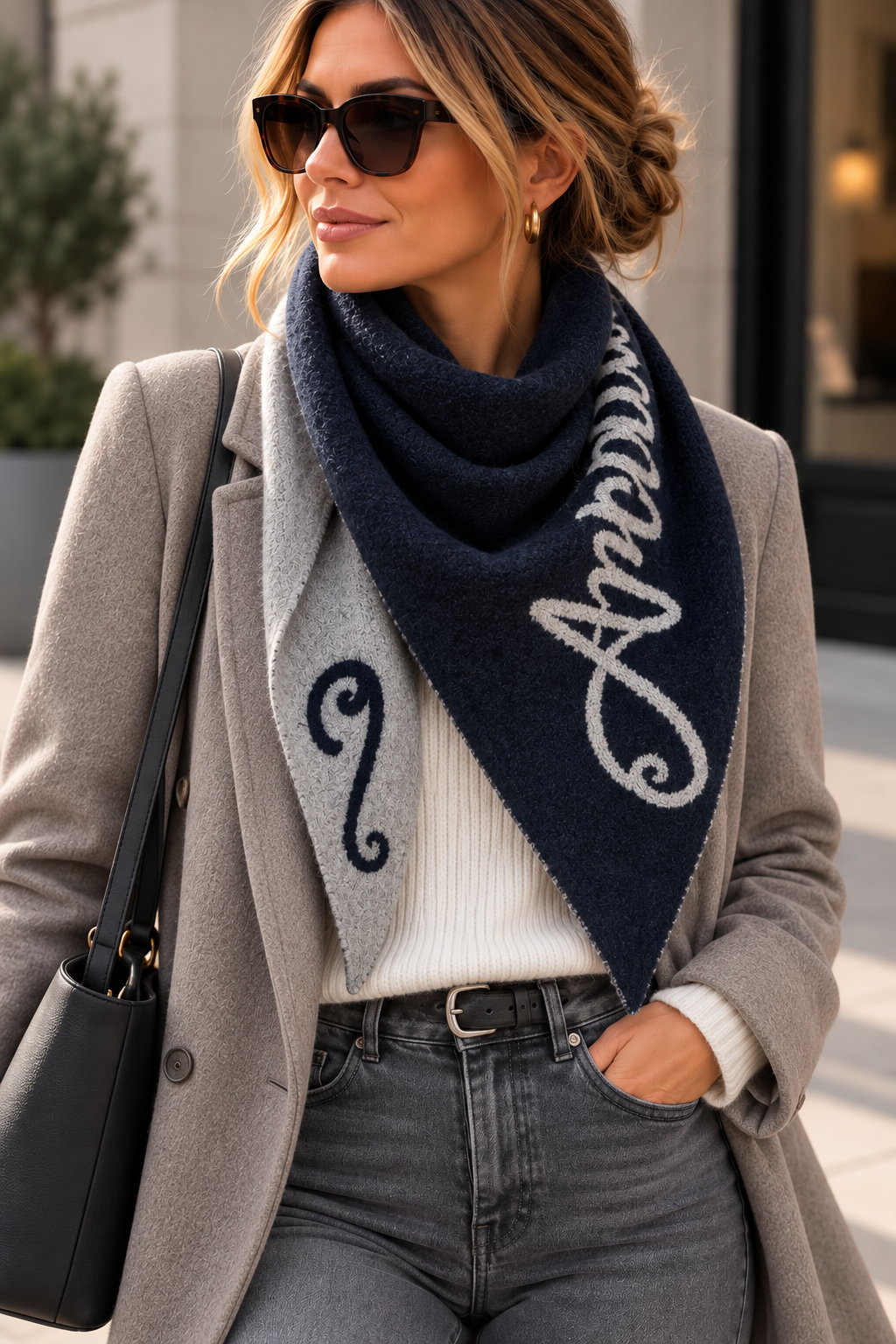 Amour Reversible Triangle Scarf – Navy &amp; Grey