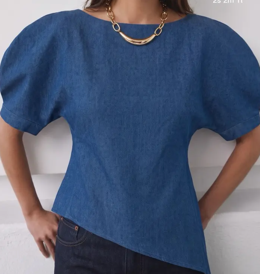 Faye Dipped Hem Top Denim Blue